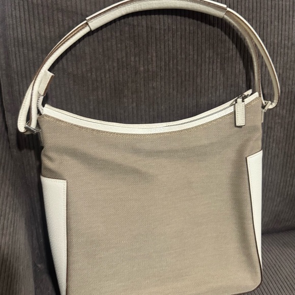 tan and white bag